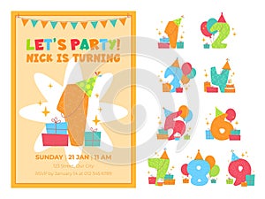 Kids anniversary numbers. Childish font design, birthday party decor with gift boxes, cartoon funny letters, baby