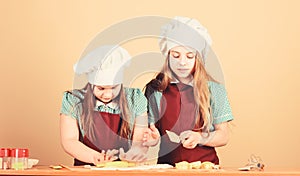 Kids aprons and chef hats cooking. Homemade cookies best. Family recipe. Cooking skill culinary education. Baking ginger