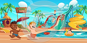 Kids in aquapark, amusement aqua park attractions