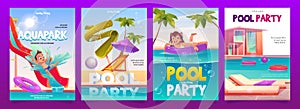 Kids aquapark pool party banners set, invitation