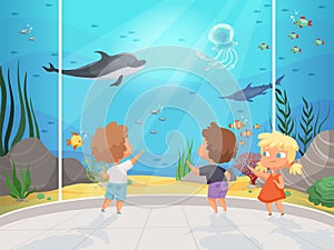 Kids in aquarium. Childrens with teacher in big water museum underwater different fishes ocean fauna happy people vector