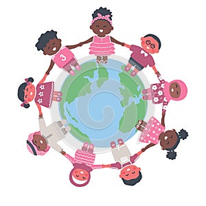 Kids around the planet Earth. Multicultural group of children holding hands. Happy baby girls and baby boys