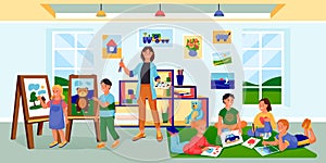 Kids art class, education, hobby, craft and creativity concept. Vector flat cartoon children characters illustration