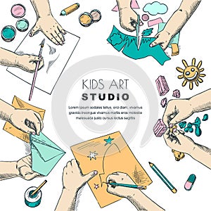 Kids art class work process. Vector sketch illustration of painting, drawing children. Craft and creativity concept