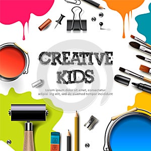 Kids art craft, education, creativity class concept. Banner or poster with white square paper background, hand drawn