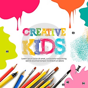 Kids art craft, education, creativity class concept. Vector illustration.