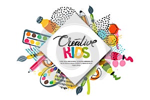 Kids art craft, education, creativity class. Vector banner, poster with white square paper background and lettering photo