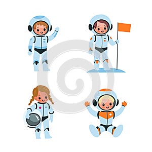 Kids astronauts. Cartoon boys and girls in spacesuits. Children explore space. Cute characters with greeting gestures