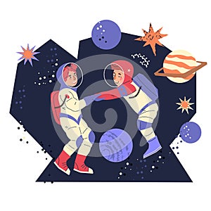 Kids astronauts in cosmic suits having fun in outer space, vector flat isolated.
