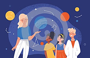 Kids in astronomy class vector concept