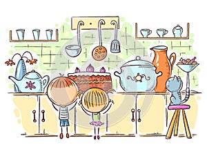 Kids are attracted by the cake in the kitchen, cartoon drawing