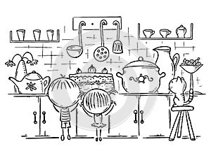 Kids are attracted by the cake in the kitchen, outline cartoon drawing