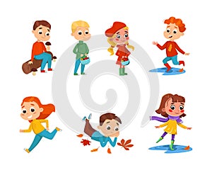 Kids with Autumn Leaf Walking Outdoor in Warm Clothes Vector Set