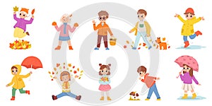 Kids in autumn walking on puddles at rain with umbrella. Gathering leaves, play outdoor at fall on nature. Cartoon happy