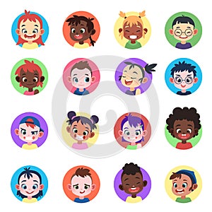 Kids avatar. Faces ethnic cute boys girls avatars head child profile portrait character web user young female cartoon