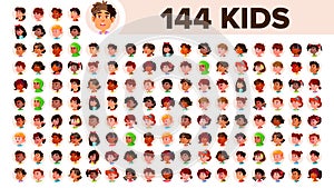 Kids Avatar Set Vector. Multi Racial. Face Emotions. Multinational User People Portrait. Male, Female. Ethnic. Icon