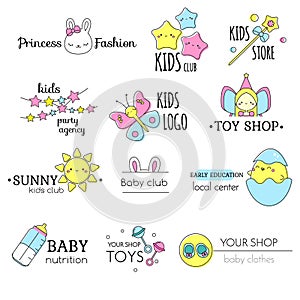 Kids and babies logo template set. Signs, labels for children clothes, toys, school and other business