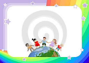 Kids background, frame, template with happy kids of different races and skin colors photo