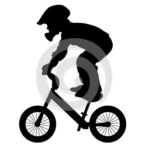 Kids balance bicycle, child performs a trick on a bike, silhouette vector