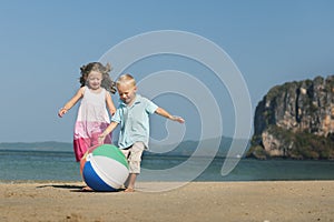 Kids Ball Beach Sibling Brother Sister Child Concept