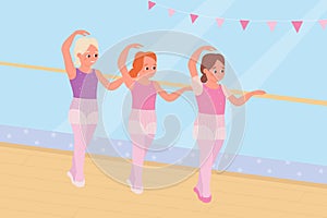 Kids in ballet school or studio, group of ballerinas in pink dress practice ballet dance