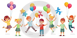 Kids with balloons. Happy children jumping and holding balloons of different shapes as dog and star and size.