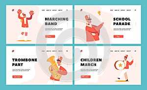 Kids Band Marching Band on Parade Landing Page Template Set. Happy Girls And Boys In Red Uniform Play Festival Music