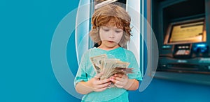 Kids banking and Finance. Piggy bank investments. Saving money. Child with dollars.