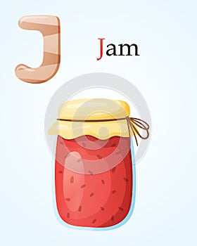Kids banner template with english alphabet letter J and cartoon image of glass jar with sweet strawberry or raspberry jam