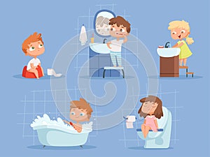 Kids bathing. Hygiene for children clean teeth morning routine hand washing vector cartoon people