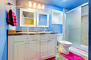 Kids Bathroom with blue walls and pink rug and towel.