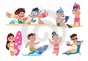 Kids at beach. Flat children character on summer holidays performing beach activities, swimming playing ball sunbathing