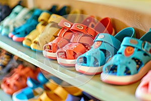 kids beach shoes arranged by size on shelf