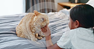 Kids, bed and a girl petting her cat in the morning for bonding in a home with love, trust or care. Children, bedroom