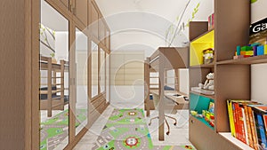 Kids bedroom with closets and storage 3d rendering