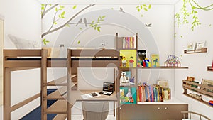 Kids bedroom with space saving furniture and storage 3d rendering