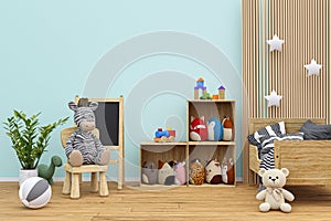 Kids bedroom with stuffed toy animals.
