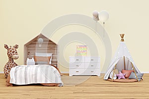 Kids bedroom with stuffed toy animals and play teepee.