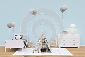 Kids bedroom with stuffed toy animals and play teepee.