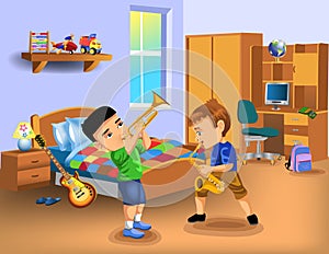 Kids bedroom with two boys playing instruments