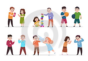 Kids behavior. Bad boys and girls confronting and bullying smaller children. Good friendly kids play together vector photo