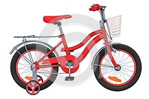 Kids Bicycle with training wheels and basket, red color. 3D rendering