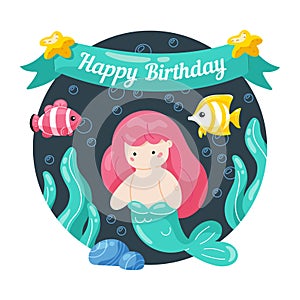 Kids birthday card with cute little mermaid and marine life in doodle styte. Kawaii characters mernaid, sea fish, seaweed