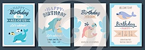 Kids birthday cards with cute dolphins. Childish holiday invitational greeting banners, funny cute marine animals