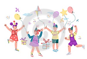 Kids birthday party banner with cute children cartoon characters, flat vector.