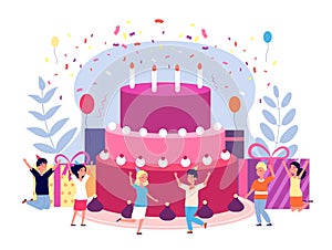 Kids birthday party. Children celebration, friends with balloons and confetti. Cake, gifts and candles, group girls and