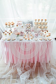 Kids birthday party decoration and cake. Decorated table