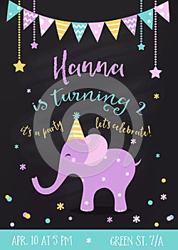 Kids Birthday Party Invitation with Garlands and Baby Elephant on Chalkboard Background