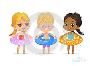 Kids Birthday Party Time on Swimming Pool Vacation. Funny Girl in Sunglasses. Swim Exercise Festival. Tropical Summer