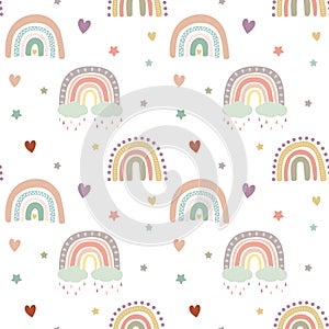 Kids boho pastel rainbow pattern with coluds, rain